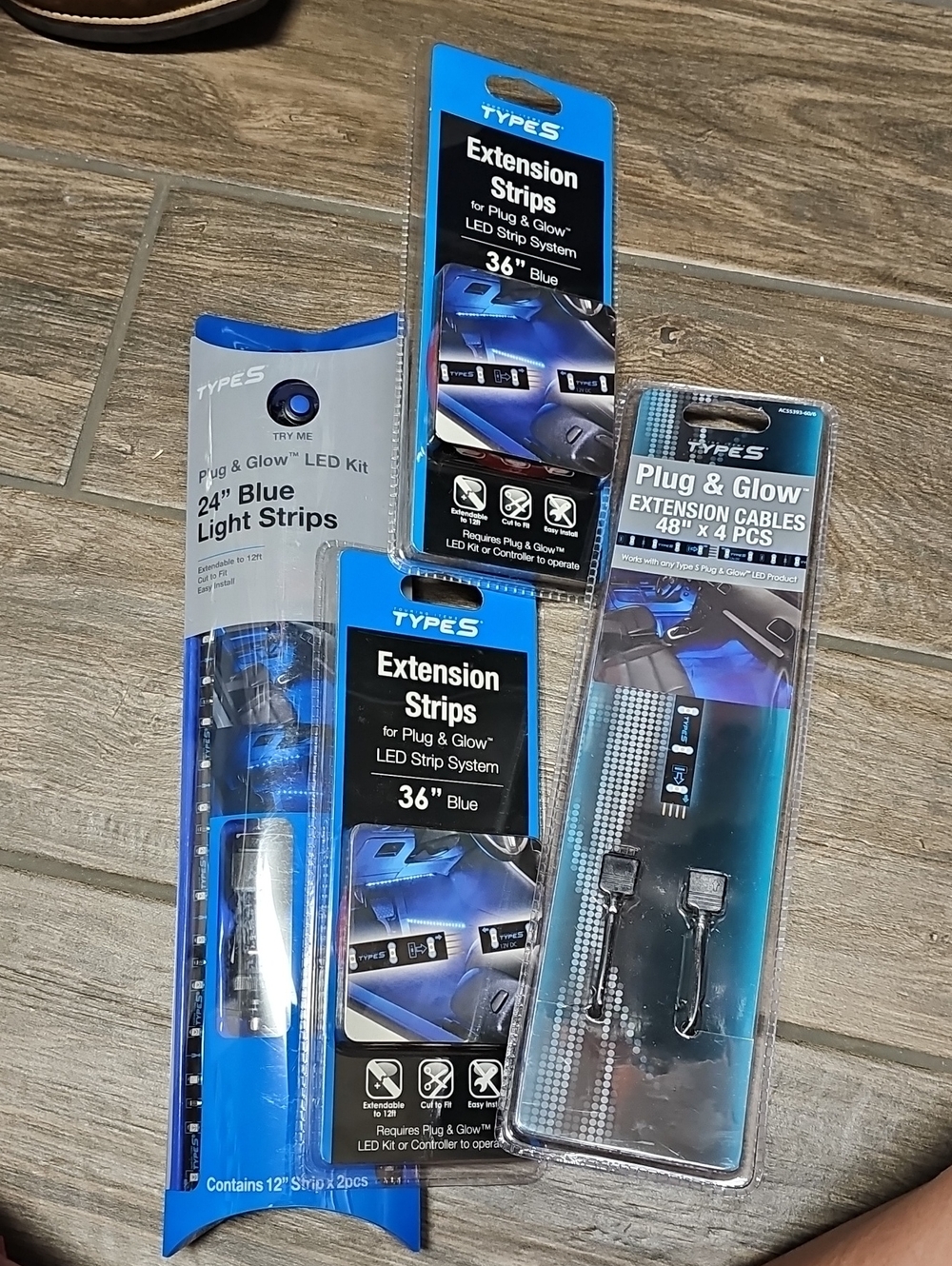 Types Plug & Glow Blue LED Light Strips and Extension Cables